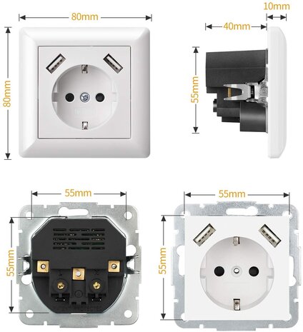 Wandcontactdoos met randaarde en 2X USB 2800MA alpinewit