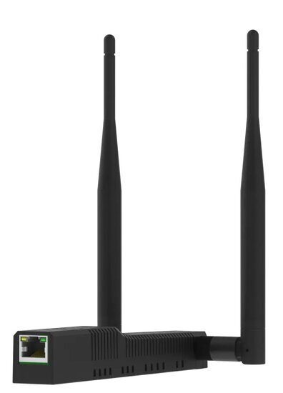 Aansluitzijde met Ethernetpoort voor PoE, USB-C-poort en antenneaansluiting