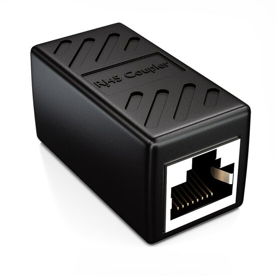 Zijkant van het koppelstuk met twee RJ45-aansluitingen tegenover elkaar