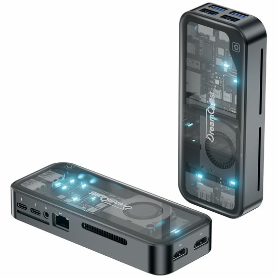 Achterzijde van de stick pc met aansluitingen en netwerkpoort