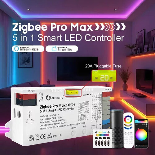 Gledopto Zigbee Pro Max &ndash; 5-in-1 LED controller, 15A, Zigbee, RF 2.4GHz (GL-C-601P)