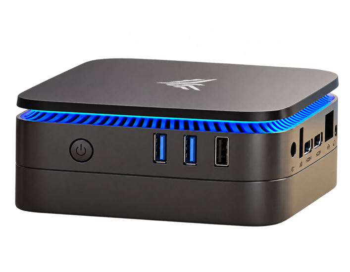 Achterzijde van de mini pc met aansluitingen en ventilatieopeningen