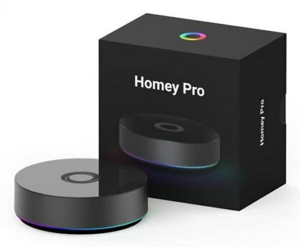 Homey Pro (2026) smart home hub, witte ronde centrale met aansluitingen